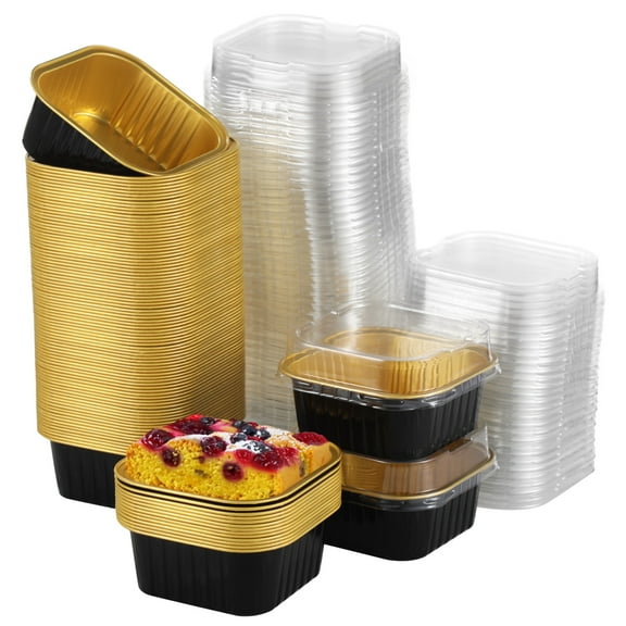 100 Pcs 5 oz Mini Square Baking Cups, Aluminum Foil Cake Boxes with Lids, Disposable Ramekins Cupcake Pans, Individual Dessert Containers for Parties, Weddings, Birthdays