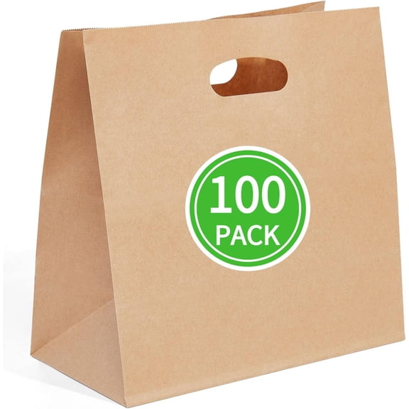 100 Pcs 11x6x11 Die Cut Tote Brown Paper Bags with Handle Bulk, Kraft Paper Grocery/Takeout Bags for Restaurant, Bakery, Retail