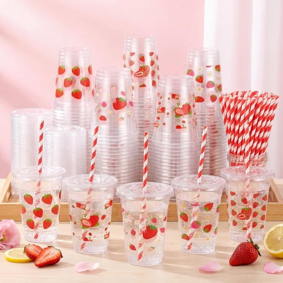 100 Pcs 12 oz Disposable Clear Strawberry Pattern Drinking Cups with Lids and Straws