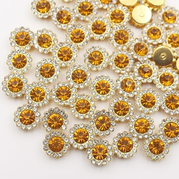 100 Pcs 12MM Sew on Rhinestones Crystals Glass Metal Base Sewing Flower Claw Rhinestones for Clothes Shoes Earring Belt Crafts Sewing Accessories,Golden Yellow