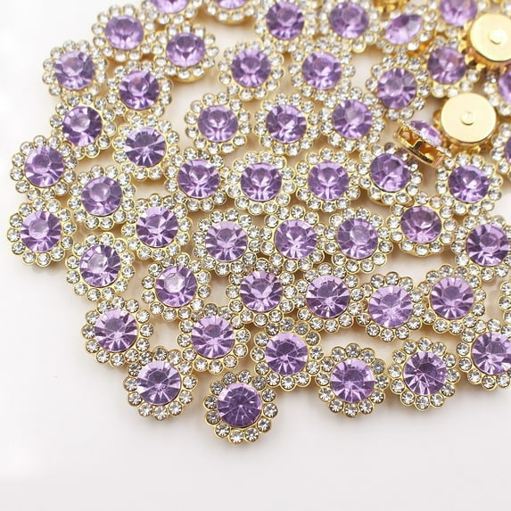 100 Pcs 12mm Sew on Rhinestones Crystals, 2 Layers Sewing Sunflower Flower Claw Rhinestones for Crafts, Glitter Gemstones for Clothes Shoes Cap Earring Belt Sewing Accessories,Crystal Purple
