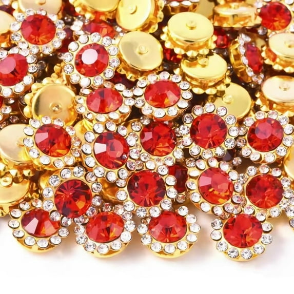 100 Pcs 12mm Sew on Rhinestones Crystals, 2 Layers Sewing Sunflower Flower Claw Rhinestones for Crafts, Glitter Gemstones for Clothes Shoes Cap Earring Belt Sewing Accessories,Red