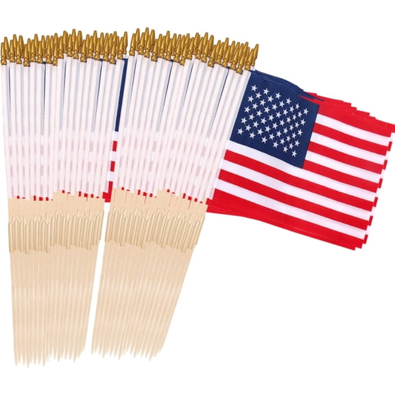 100 Pcs 12x18 Inch American Flags on Stick, American Flags, USA Stick Flag with Handheld and Grounded Multi-Purpose Flagpole, Design for Memorial Day, 4th of July, Veterans Day