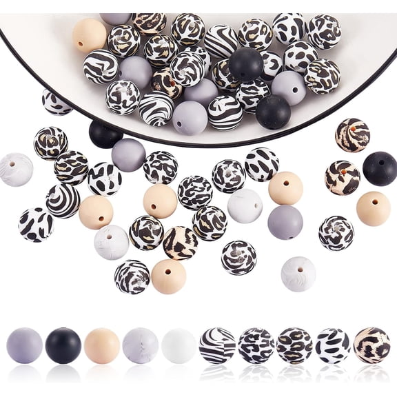 100 Pcs 15mm Silicone Beads Cow Print Zebra Print Leopard Print Animal Print Silicone Beads Bulk for Keychain Bracelet Necklace DIY Crafting Making