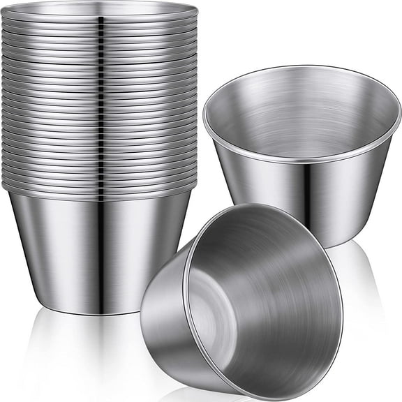 100 Pcs 2.5oz Metal Ramekins Sauce Cups Bulk Stainless Steel Condiment Cups Round Dipping Bowls Small Reusable Sauce Container Individual Portion Cup for Butter Dressing Restaurant Kitchen BBQ