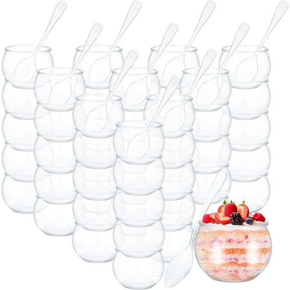 100 Pcs 2 oz Mini Dessert Cups with Spoons, Sphere Plastic Fish Cup Disposable Round Plastic Bowl Small Clear Parfait Bowl for Wedding Event Birthday Party Mousse Pudding Appetizer Serving