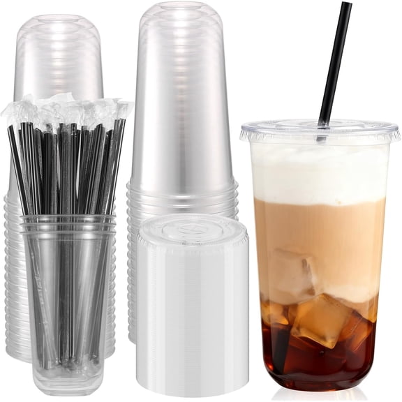 100 Pcs 20 Oz Clear Plastic Cups with Lids and Straws, Disposable Round Bottom Togo Cups for Iced Coffee Smoothie Beverage Cold Drinks Disposable Iced Coffee Cup for Party Catering BBQ