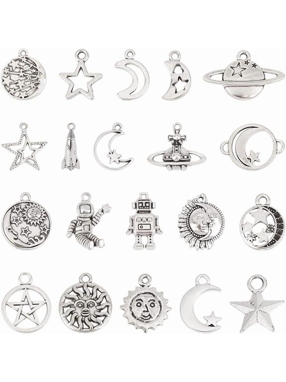 about 100 Pcs 20 Styles Tibetan Universe Charms Alloy Antique Silver Space Charms Star Astronaut Rocket Charms Sun Moons Pendant for DIY Bracelet Necklace Jewelry Making