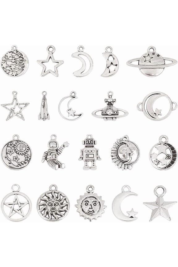 about 100 Pcs 20 Styles Tibetan Universe Charms Alloy Antique Silver Space Charms Star Astronaut Rocket Charms Sun Moons Pendant for DIY Bracelet Necklace Jewelry Making