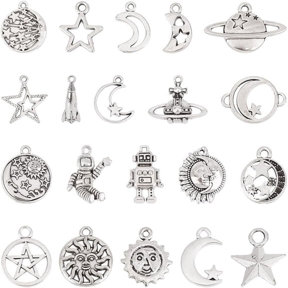 about 100 Pcs 20 Styles Tibetan Universe Charms Alloy Silver Space Charms Star Astronaut Rocket Charms Sun Moons Pendant for DIY Bracelet Necklace Jewelry Making