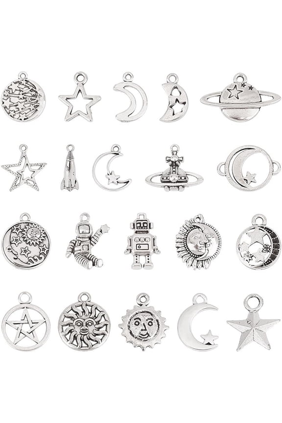 100 Pcs 20 Styles Tibetan Universe Charms Alloy Silver Space Charms Star Astronaut Rocket Charms Sun Moons Pendant for DIY Necklace Jewelry Making