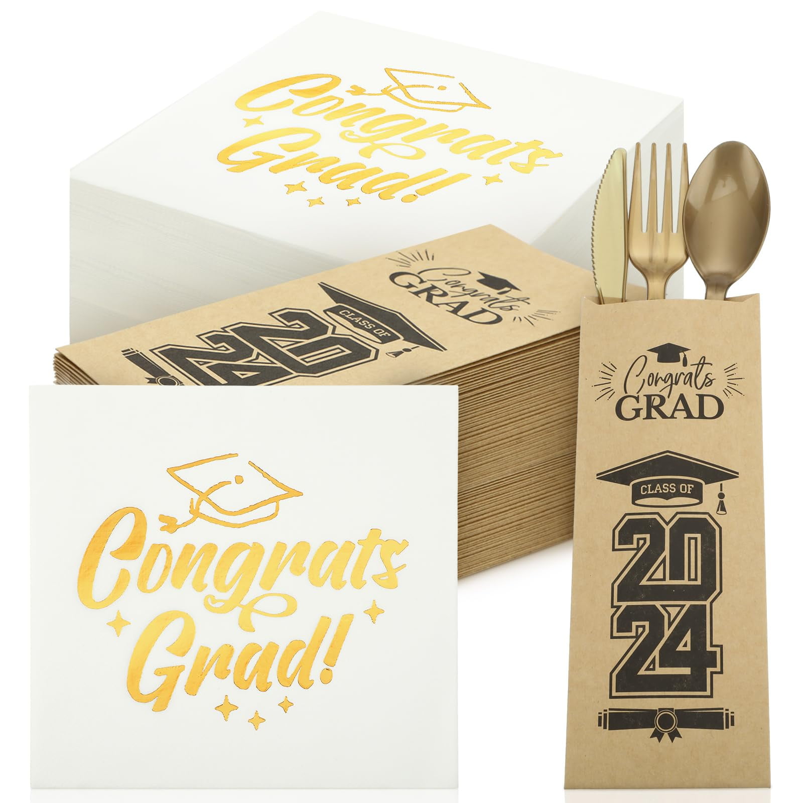 100 Pc Graduation Party Napkin & Silverware Bag Set - Class Of 2025, Black Gold White, Kraft Paper