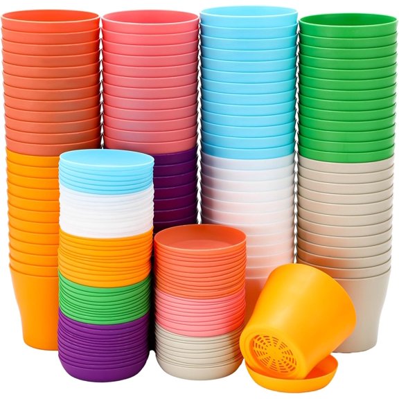 100 Pcs 3.35 Inch Flower Plant Pots Seedlings Nursery Colorful Plastic Planters with Drainage and Pallet Small Container for Plants Seeds Live Succulent Herb Indoor Outdoor Garden Planting