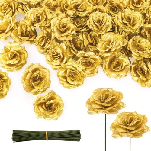 100 Pcs 3.5 Inch Gold Artificial Rose Heads with Stems, Silk Rose Faux Flower Heads Bulk for DIY Wedding Bouquets, Party Table Centerpieces, Home Decor, Craft Floral Arrangements$$