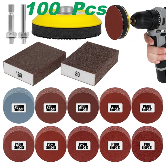 100 Pcs 3 Inch Sanding Disc Pad Variety Kit 80-3000 Grit with 2 Buffing Sponge Block 1/4" Shank for Drill Grinder Rotary Tool