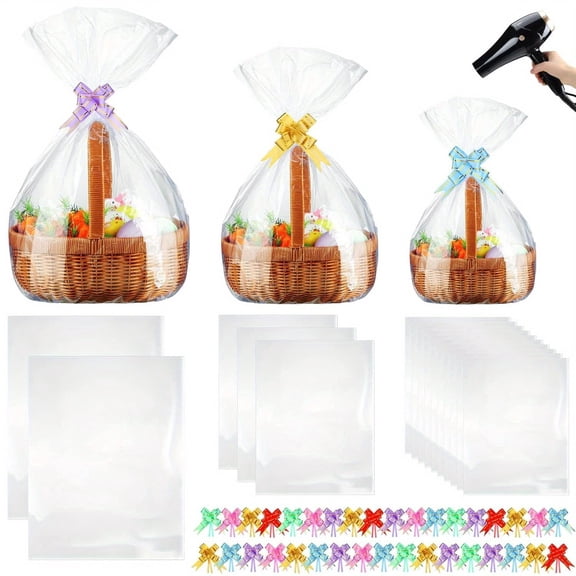 100 Pcs 3 Sizes Shrink Wrap Bags for Gift Baskets 20" x 28" 16" x 24" 14" x 18" Clear plastic Heat Shrink Cellophane Bags and 6 Color Pull Bows for Easter Christmas Baskets Packaging