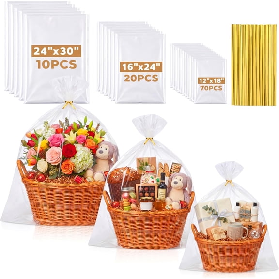 100 Pcs 3 Sizes ane Bags for Gift Basket Clear Wrapping Bags with Pull Bows 24"x30" 16"x24" 12"x18" Large Plastic Gift Wrapping for Mother's Day Basket Decor