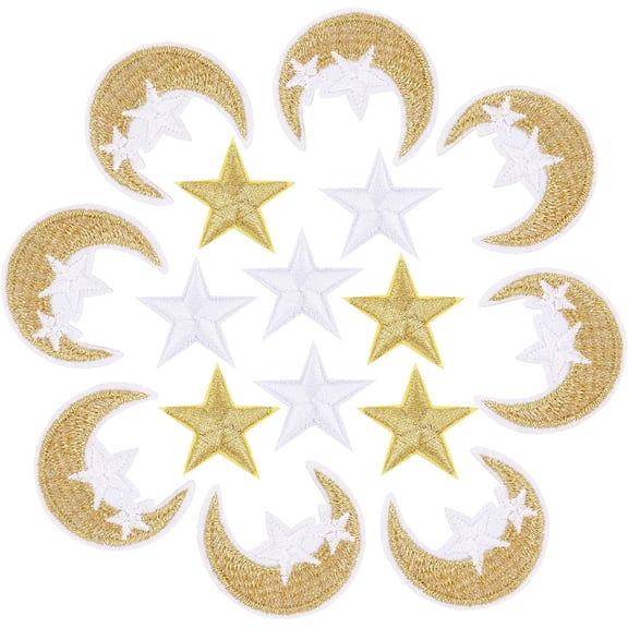 100 Pcs 3 Styles Moon Star Embroidered Patch Iron on Sew on Patches Appliques Costume Accessories for Clothes Jeans Jackets Hats Bags Backpacks Shoes Decorations 28~38x29~34mm