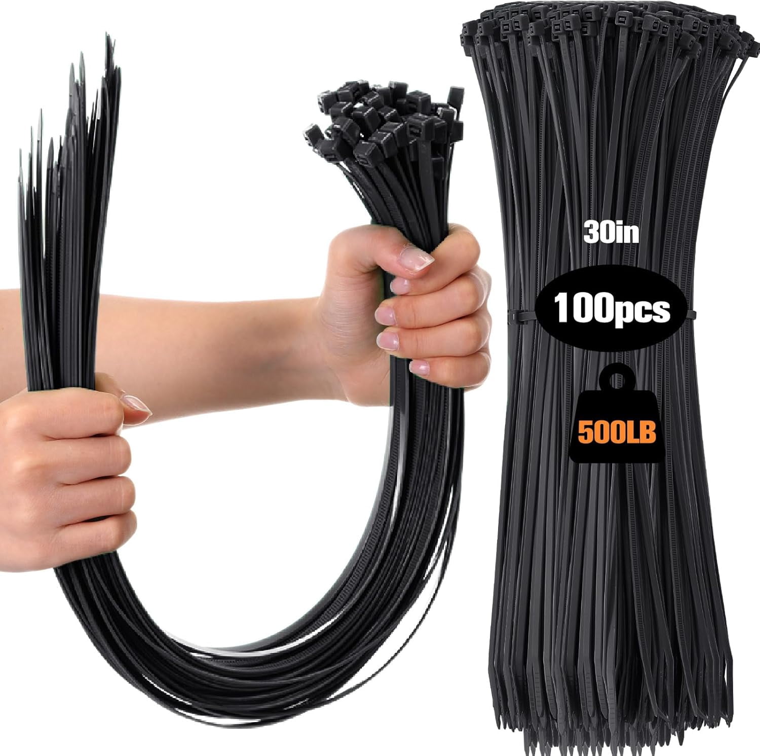 100 pieces of 30-inch black zipper tape heavy-duty cable ties for indoor and outdoor binding fences, sunshade lashing, and crop branch bundling