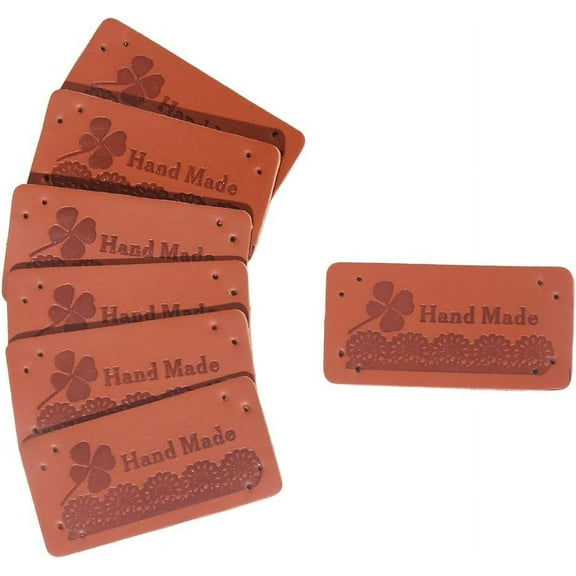 100 Pcs 4 x 2 CM Brown Pu Leather Tags Clover Pattern Handmade Tag Personalized Rectangle Embellishment Knit Labels with Holes for Sewing Making Crafts Crochet DIY Accessories Supply Brown