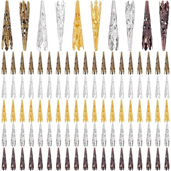 100 Pcs 5 Colors Long Flower Bead Caps 1.6 Inch Filigree Bead End Caps Spacers for Earring Pendant Neckalce Jewelry DIY Craft Goddess Beads for Hair Braid Hair Jewelry for Women DIY Making
