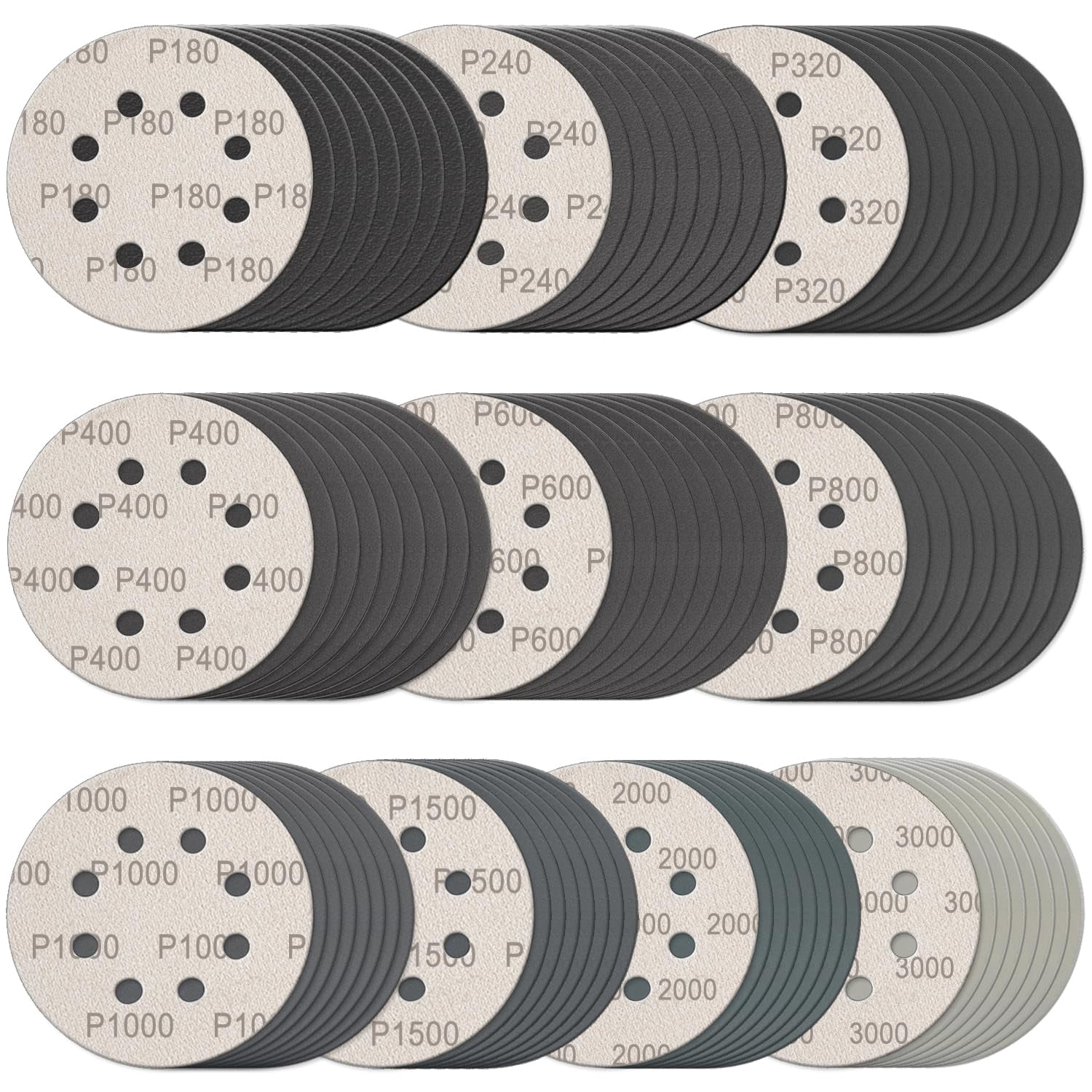 100 Pcs 5 Inch Sanding Discs Hook & Loop 8 Holes Wet Dry Sandpaper 180 ...