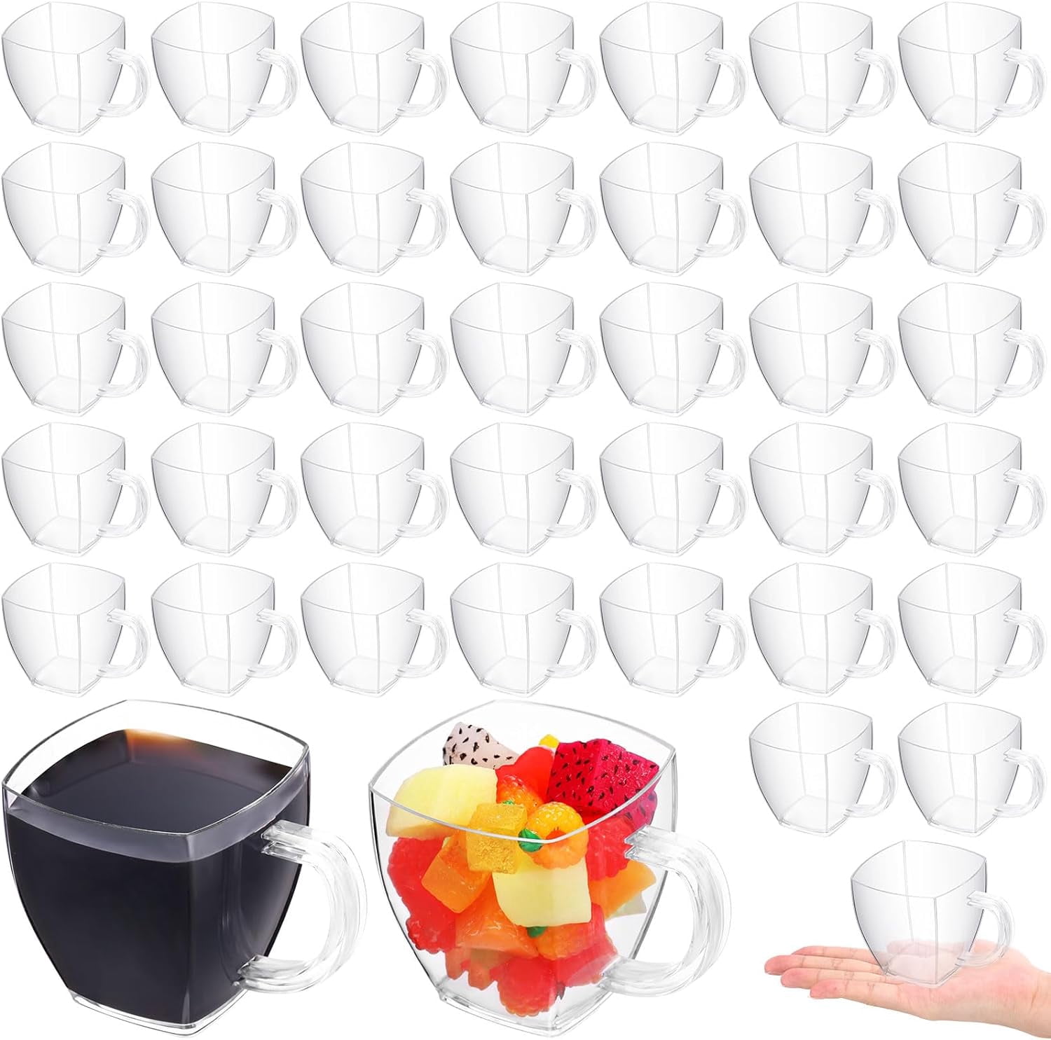 100 Pcs 5 oz Disposable Tea Cups Bulk Mini Plastic Tea Cup Bulk with Handle Hard Coffee Mug Reusable Square Espresso Mugs for Party Wedding (Clear)
