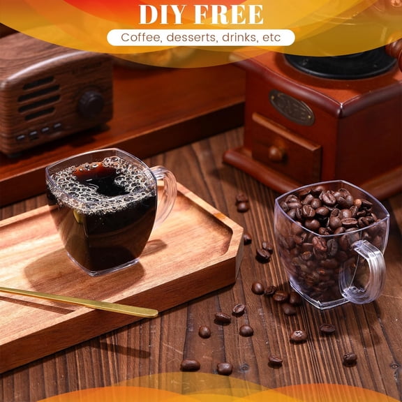 100 Pcs 5 oz Disposable Tea Cups Bulk Mini Plastic Tea Cup with Handle Hard Coffee Mug Reusable Square Espresso Mugs for Party Wedding Clear