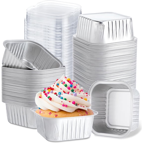 100 Pcs 5 oz Mini Square Baking Pan with Lid Aluminum Foil Cupcake Pan Brownie Baking Cup Disposable Ramekins Individual Tin Dessert Containers for Kitchen, Food Grade Material (Silver)