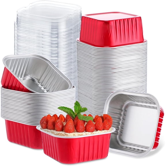 100 Pcs 5 oz Mini Square Baking Pan with Lid Aluminum Foil Cupcake Pan Brownie Baking Cup Disposable Ramekins Individual Tin Dessert Containers for Kitchen, Food Grade Material(Red)