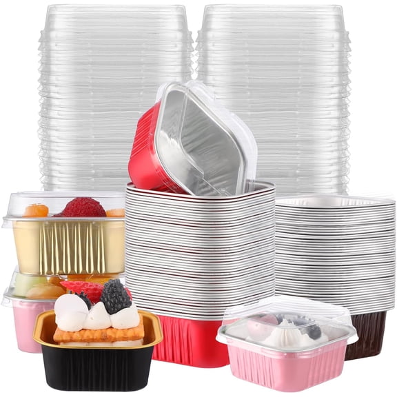 100 Pcs 5 oz Mini Square Baking Pan with Lid Aluminum Foil Cupcake Pan Brownie Baking Cup Disposable Ramekins Individual Tin Dessert Containers for Kitchen, Food Grade Material (Multicolor)