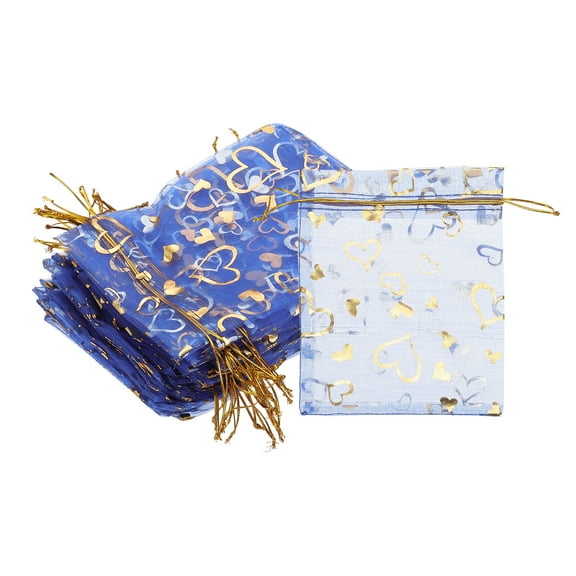 100 Pcs 5x7 Inch Heart Printed Organza Bags, Navy Blue Sheer Bags for Christmas Jewelry Party Wedding Favor Gift