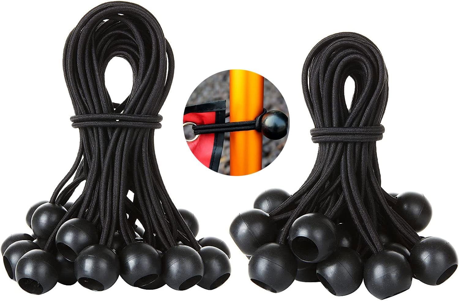 100 Pcs 6 Inch + 8 Inch Heavy Duty Bungee Cords with Balls, Black Ball