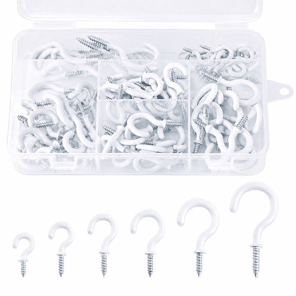 100 Pcs 6 Sizes Coated Screw Cup Hooks Kit for Hanging Utensils, Lights and Household Stuff