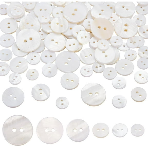 100 Pcs 6 Sizes Natural Shell Buttons 2-Hole Flat Round White Genuine Mother of Pearl Buttons Set for Suit Coat Shirts Uniform Clothes Decoration DIY Sewing Crafts