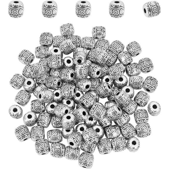 100 Pcs 6mm Barrel Tibetan Style Alloy Beads Antique Silver Metal Spacer Beads Column Loose Connector Charm Beads for DIY Bracelet Necklace Jewelry Making