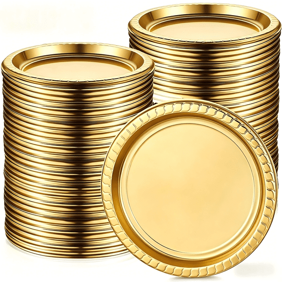 100 Pcs 7-Inch Gold Dinner Plates, Disposable Elegant Rigid Dessert & Appetizer Plates, Plastic Dinnerware for Weddings Celebrations Festive Occasions Salads Cakes & Small Bites
