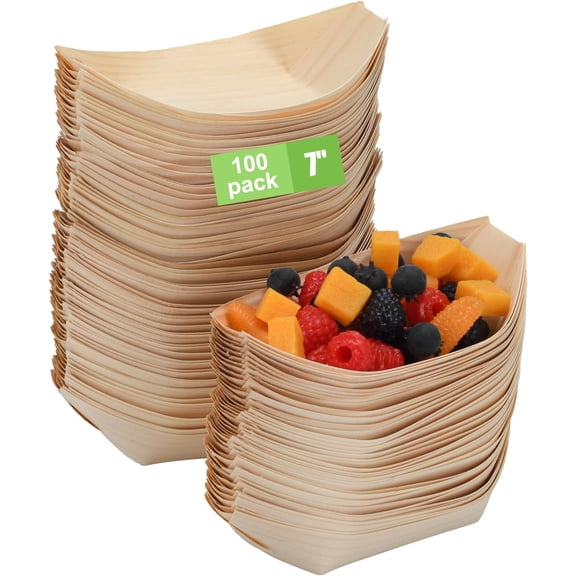 100 Pcs 7-Inch wood Appetizer Boats - Disposable Wooden Serving Trays for Canaps, Sushi, Snacks - Eco-Friendly Biodegradable Party Plates for Weddings, Birthdays, BBQs & Events