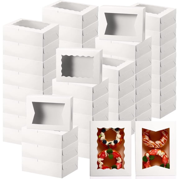 100 Pcs 8 Inch Bakery Boxes 8 x 6 x 2.5 Inch Cookie Pastry Boxes with 2 Style Window for Cookie Treat Chocolate Strawberries Cupcakes Candy Muffins(White)