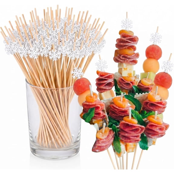 100 Pcs 8 Inch Snowflake Cocktail Picks for Fruit Kabobs Appetizers Cocktail Fancy Bamboo Skewers Sticks Toothpicks Cake Topper for Valentine Galentine Winter Disco Party Decor