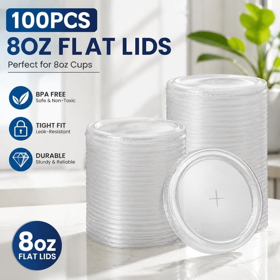 100 Pcs 8 OZ Clear Disposable Plastic Cups with Flat Lids, Portion Cups for Ice Cream, Yogurt, Parfaits, Soups, Salads, Fruit - Leak Resistant Containers with Straw Holes