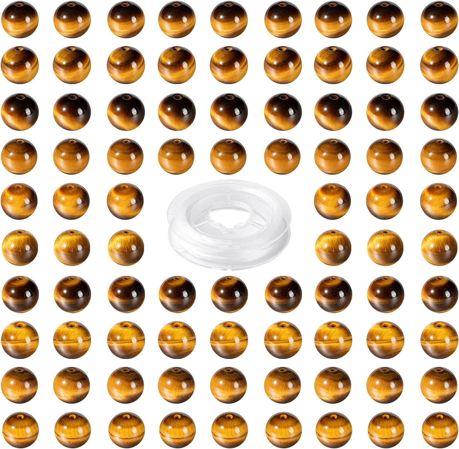 100 Pcs 8mm Natural Tiger Eye Stone Beads Round Polished Gemstone Beads with Elastic Thread for Jewelry Earrings Necklace Bracelet Making Kits