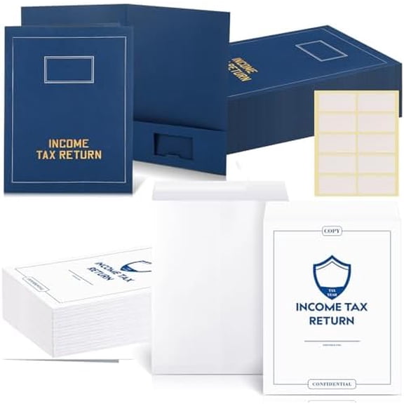 100 Pcs 9 x 12'' Income Tax Return Folders, 50 Blue Income Tax Return Folders with Pockets, 50 White Open Envelopes and Label for Preparers Returns Presentation Document Organizer Folder$$Office