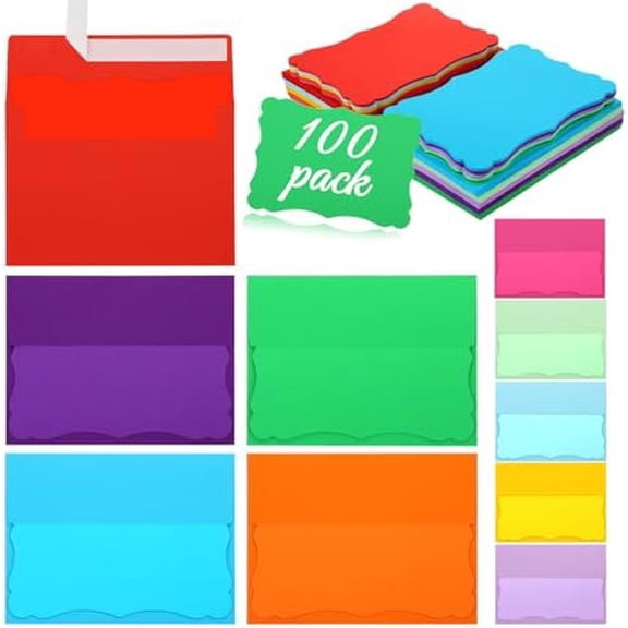 100 Pcs A7 Colored Envelopes for Invitations 5 x 7 Envelopes with Blank Note Cards Self-Seal Business Postcard Envelope for Wedding, Business, Valentine's Day, Parties Greeting