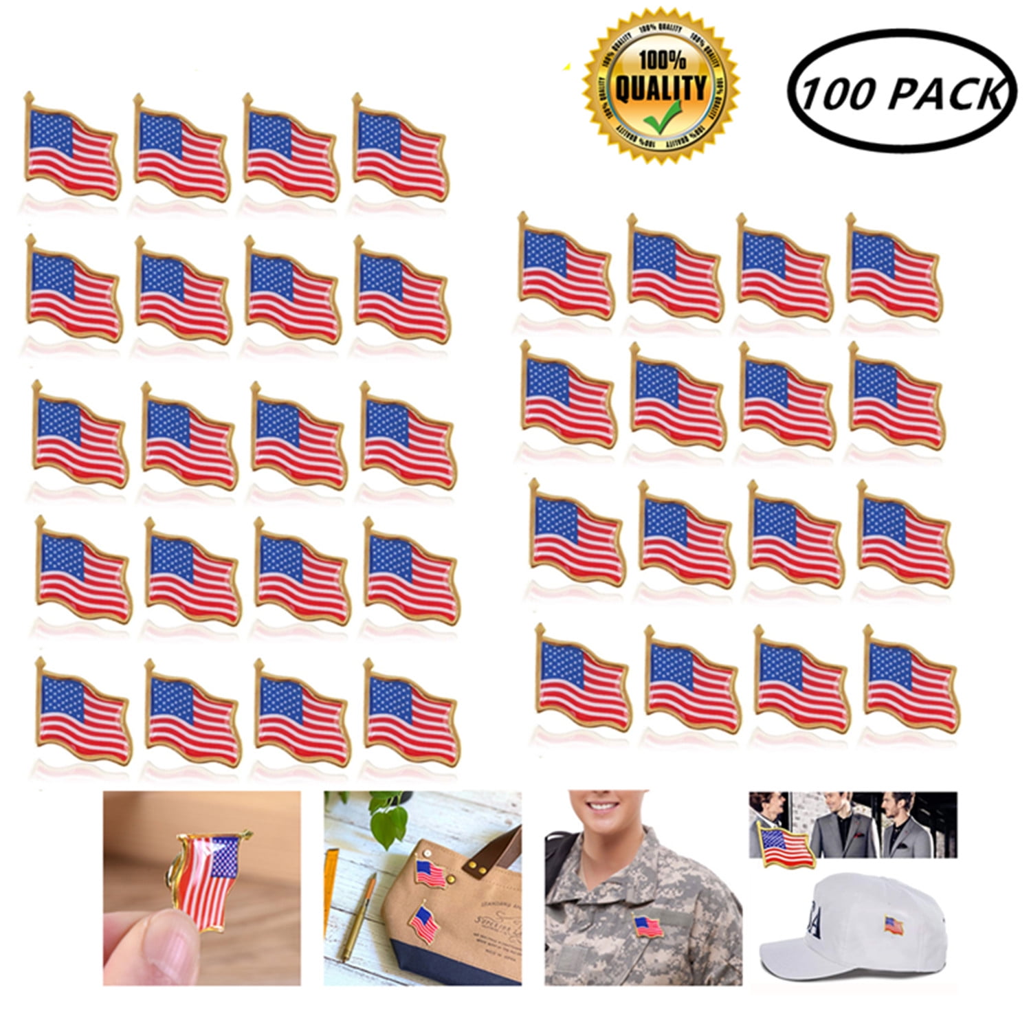 TSY TOOL 100 Pcs AMERICAN FLAG LAPEL PINS United States for Tie, Suits, Backpack, Tack Badge Pin, USA Flag Pins for Patriotic Display