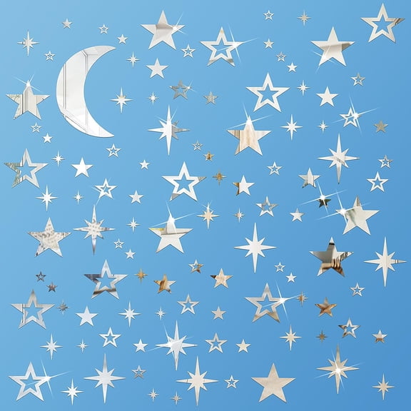 100 Pcs Acrylic Moon Star Mirror Wall Stickers Decal 3D Acrylic Mirror Stickers Removable Decal for Room Good Night Nursery House Bedroom Wall Decor(Silver)