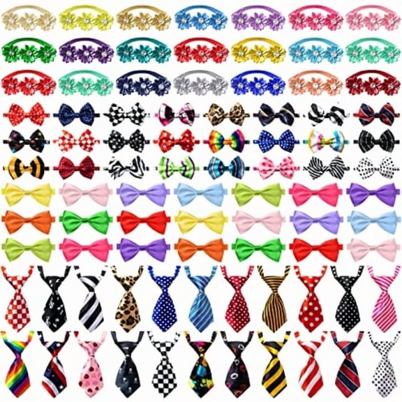 100 Pcs Adjustable Dog Ties Set Includes 50 Bow Ties 25 Neckties 25 Flower Neck Tie Assorted Bowtie Collar Grooming Accories for Medium Large Dog Cat Birthday Festival Holiday Party