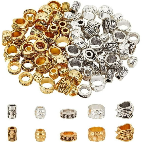 100 Pcs African Hair Beads 10 Styles Dreadlock Beads Tibetan Style Alloy Beads Metal Hair Jewelry Beads Braids Hair Accessories European Beads for Bracelet Necklace Jewelry Making