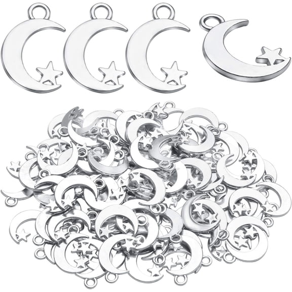 100 Pcs Alloy Star and Crescent Moon Charms Pendants Celestial Charms Beads for DIY Earrings Necklace Jewelry Making and Crafting Antique Silver