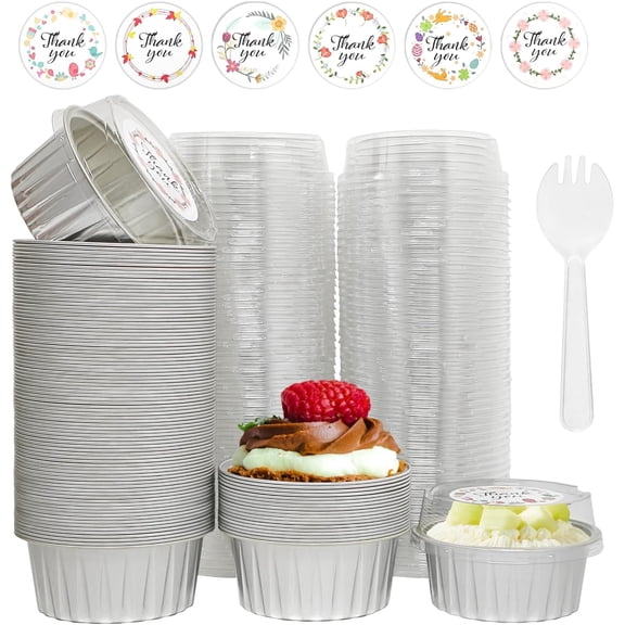 100 Pcs Aluminum Foil Baking Cups with Lids, 5oz Cupcake Liners Dessert Cups,Disposable Ramekins Mini Cake Containers Tin Mini Muffin Liners for Wedding Christmas Party（Silver）